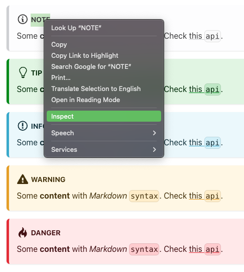 Use Inspect on the "note" admonition's title
